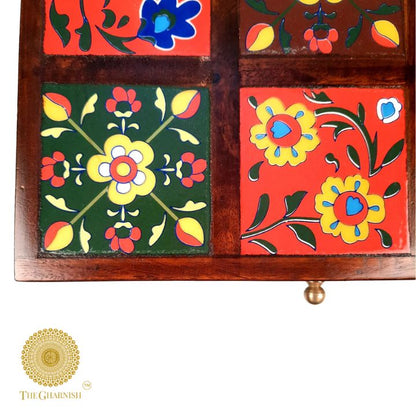 Colorful wooden jewellery box from The Gharnish, decorative wooden decor with multiple compartments for jewelry storage.