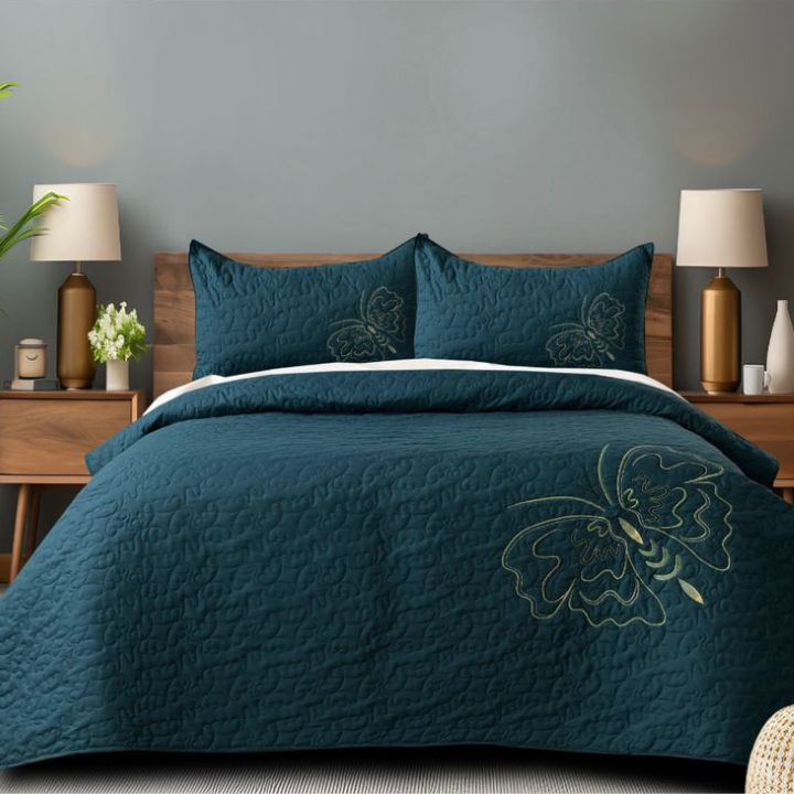 Queen Art embroidery bedcover set of 3 from TheGharnish, featuring intricate designs on soft bedding for a elegant bedroom look.