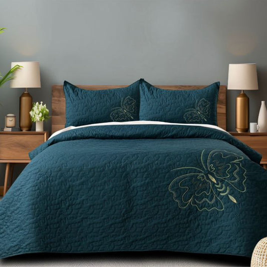 Queen Art embroidery bedcover set of 3 from TheGharnish, featuring intricate designs on soft bedding for a elegant bedroom look.