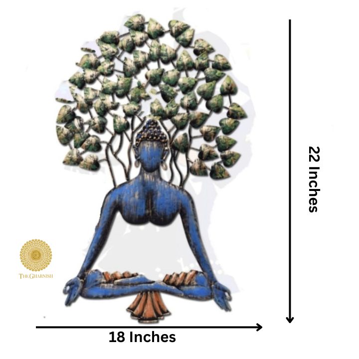 Yogmudra Buddha hanging artwork with a tree, 18x22 inches, featuring a serene Buddha figure for spiritual decor.