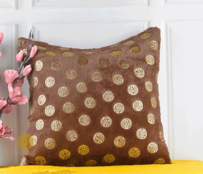 Set of two designer gold printed cushion covers by TheGharnish, featuring elegant patterns on soft fabric.