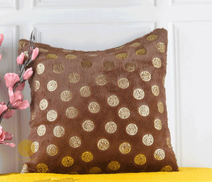 Set of two designer gold printed cushion covers by TheGharnish, featuring elegant patterns on soft fabric.