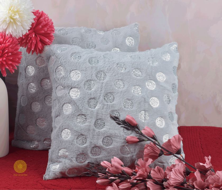 Set of two TheGharnish designer gold printed cushion covers with elegant patterns, perfect for stylish home décor.