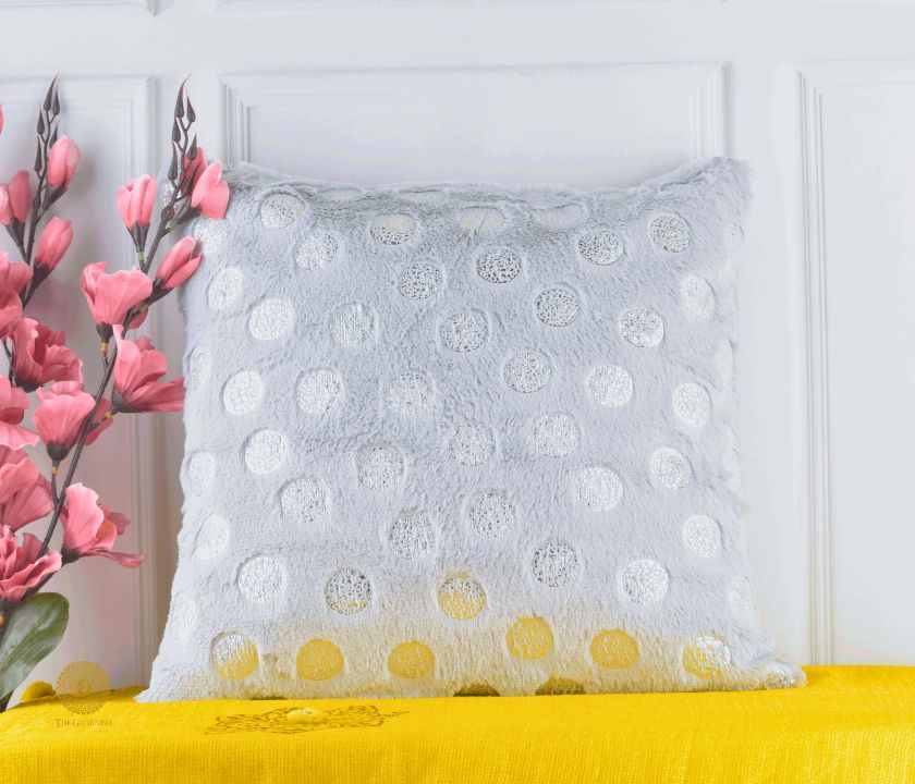 Set of two designer gold printed cushion covers by TheGharnish, showcasing elegant fabric with intricate gold patterns.
