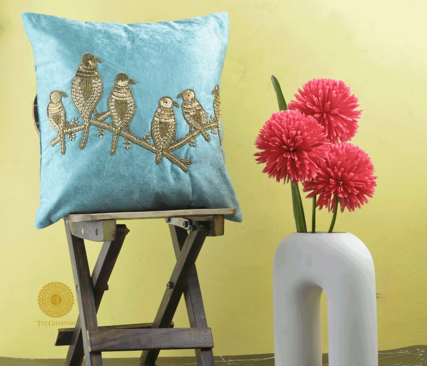 Velvet Bird Beaded Sequin Cushion Covers - The Gharnish - A Unit of Satkala Creations