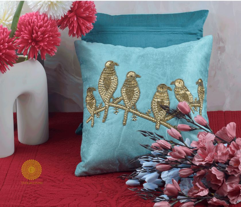 Velvet Bird Beaded Sequin Cushion Covers - The Gharnish - A Unit of Satkala Creations