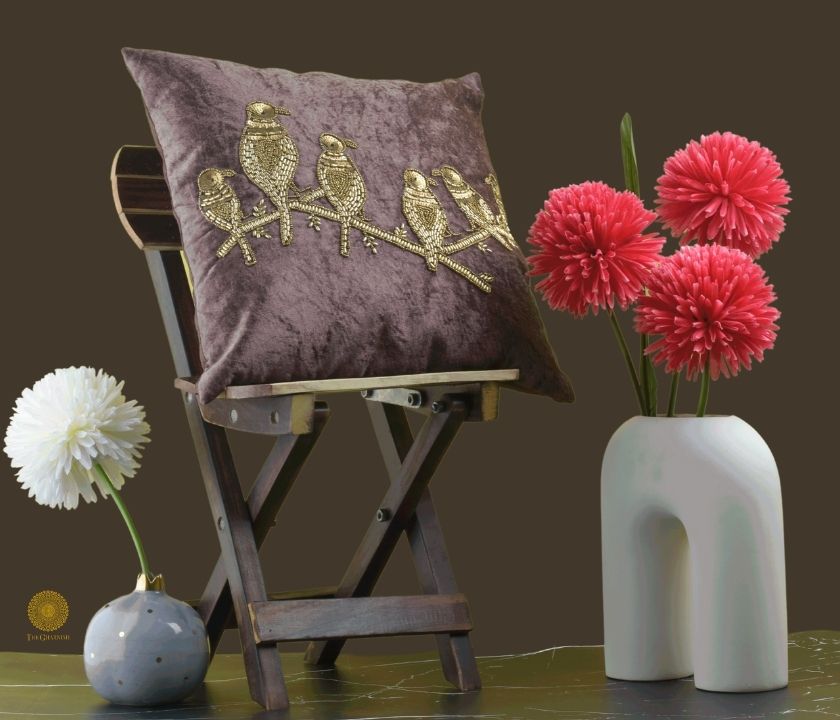 Velvet Bird Beaded Sequin Cushion Covers - The Gharnish - A Unit of Satkala Creations