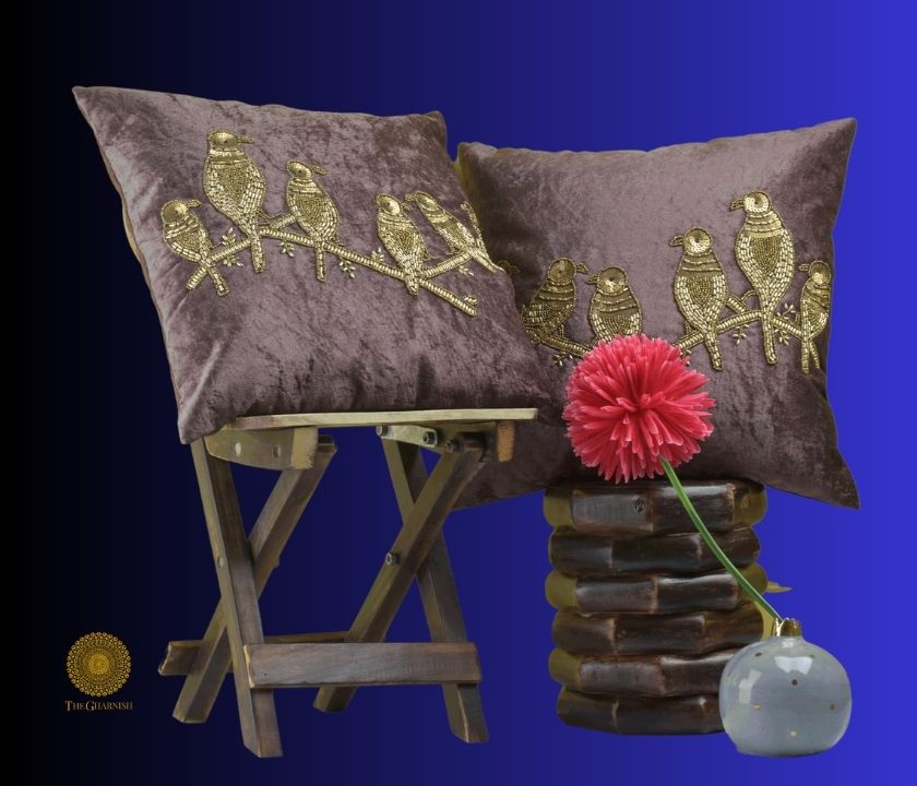 Velvet Bird Beaded Sequin Cushion Covers - The Gharnish - A Unit of Satkala Creations