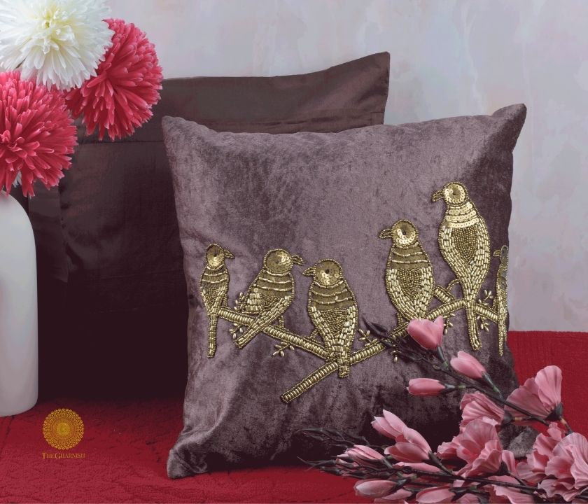Velvet Bird Beaded Sequin Cushion Covers - The Gharnish - A Unit of Satkala Creations