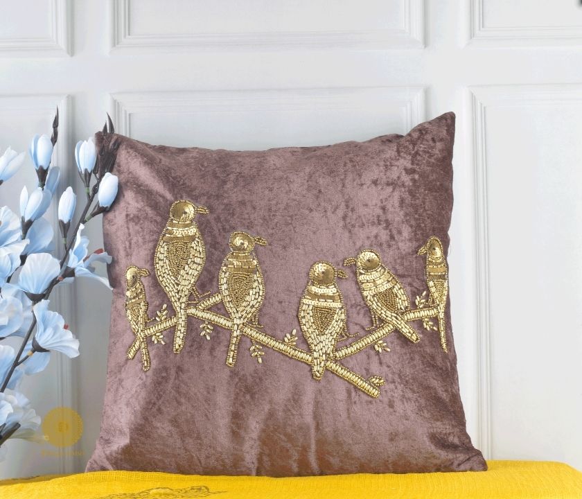Velvet Bird Beaded Sequin Cushion Covers - The Gharnish - A Unit of Satkala Creations
