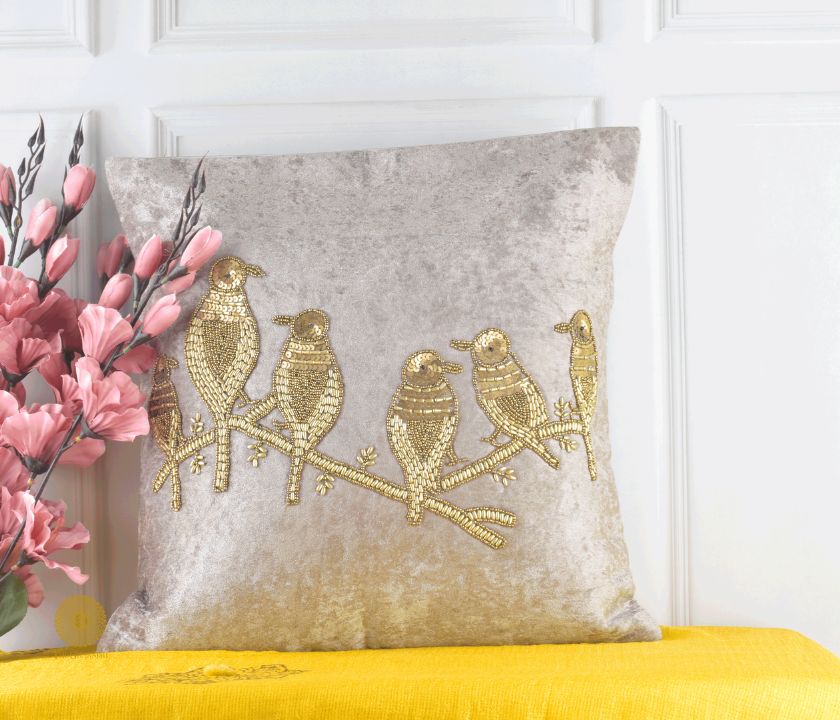 Velvet Bird Beaded Sequin Cushion Covers - The Gharnish - A Unit of Satkala Creations