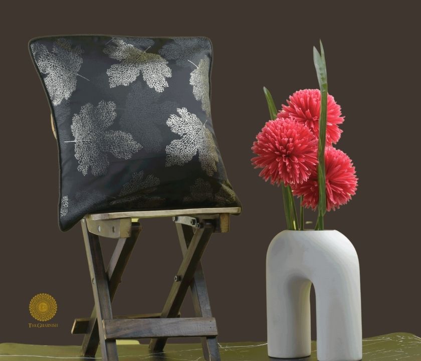 Maple Leaf Pattern Dark Grey Cushion Set of 2 - The Gharnish - A Unit of Satkala Creations