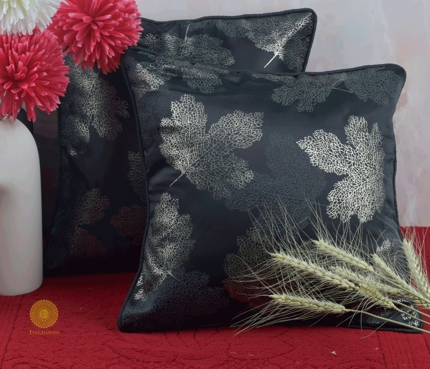 Maple Leaf Pattern Dark Grey Cushion Set of 2 - The Gharnish - A Unit of Satkala Creations