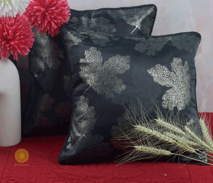 Maple Leaf Pattern Dark Grey Cushion Set of 2 - The Gharnish - A Unit of Satkala Creations