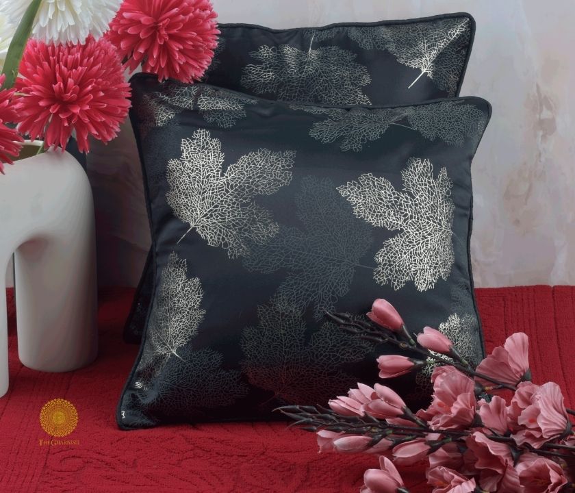 Maple Leaf Pattern Dark Grey Cushion Set of 2 - The Gharnish - A Unit of Satkala Creations