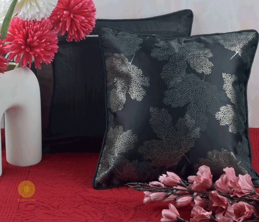 Maple Leaf Pattern Dark Grey Cushion Set of 2 - The Gharnish - A Unit of Satkala Creations