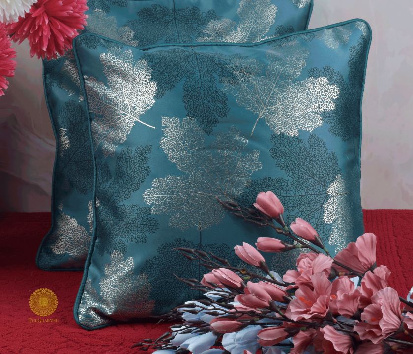 Maple Leaf Pattern Dark Grey Cushion Set of 2 - The Gharnish - A Unit of Satkala Creations