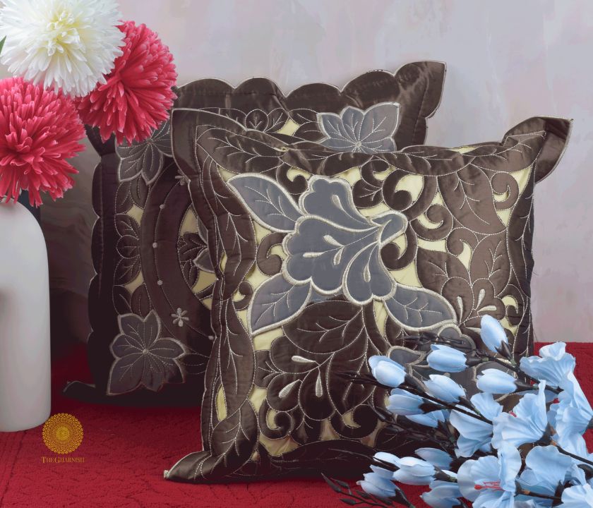 Silk Leaf Cut Work Cushion Cover- Set of 2 - The Gharnish - A Unit of Satkala Creations
