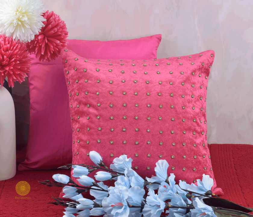 Stone Work Taffeta Silk Cushion Cover Set of 2 - The Gharnish - A Unit of Satkala Creations