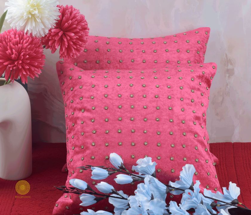 Stone Work Taffeta Silk Cushion Cover Set of 2 - The Gharnish - A Unit of Satkala Creations