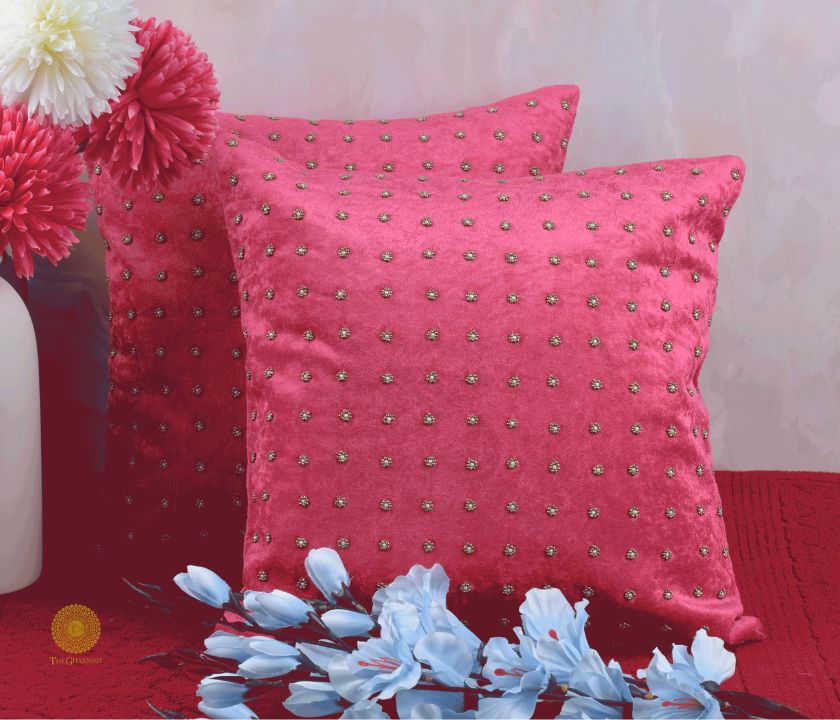 Stone Work Taffeta Silk Cushion Cover Set of 2 - The Gharnish - A Unit of Satkala Creations