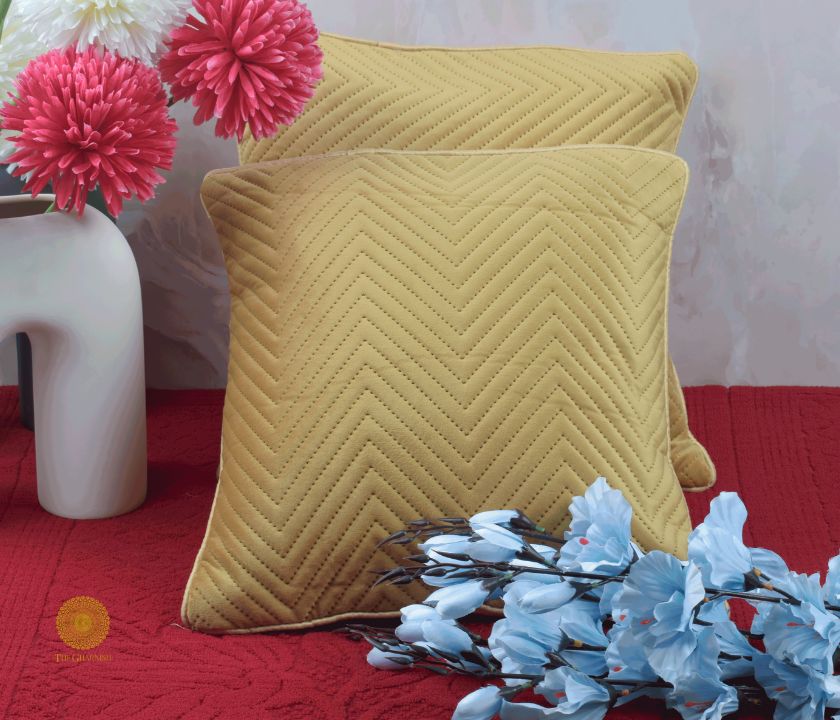 Yellow Zig Zag Quilted Cushion Cover- Set of 5 - The Gharnish - A Unit of Satkala Creations
