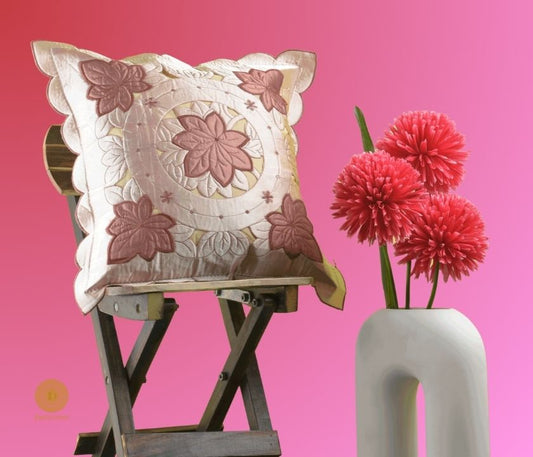 Set of two Silk Cut Work cushion covers from TheGharnish, featuring intricate embroidery on soft fabric.