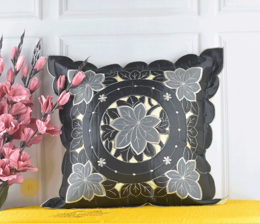 Pair of Silk Cut Work cushion covers by TheGharnish, featuring intricate embroidery and elegant silk fabric in a set of two.
