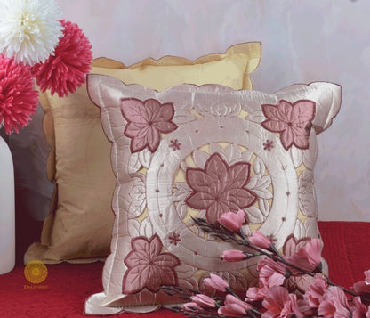 Set of two Silk Cut Work cushion covers by TheGharnish featuring intricate embroidery and elegant silk fabric.