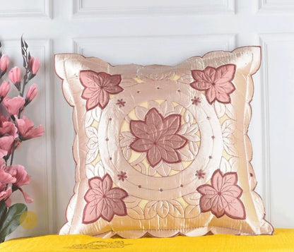 Set of two Silk Cut Work cushion covers by TheGharnish featuring elegant embroidered silk fabric and intricate cut work designs.