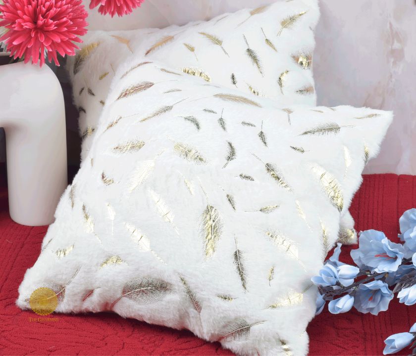 Leaf Design Fur Cushion Cover Set of 2 - The Gharnish - A Unit of Satkala Creations