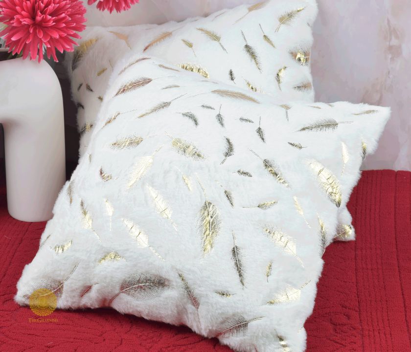 Leaf Design Fur Cushion Cover Set of 2 - The Gharnish - A Unit of Satkala Creations