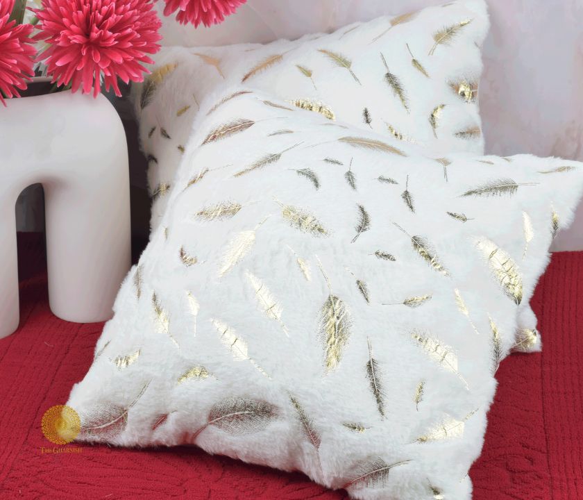 Leaf Design Fur Cushion Cover Set of 2 - The Gharnish - A Unit of Satkala Creations