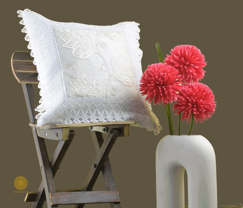 Pair of silk lace cushion covers by TheGharnish, featuring elegant lace details on soft fabric, set of two decorative cushion covers.