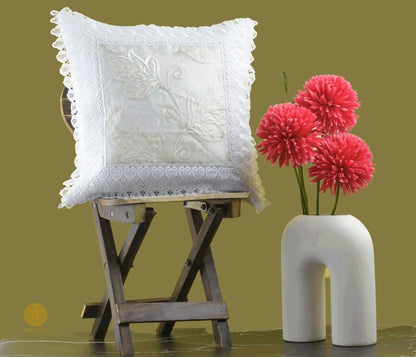 Set of two silk lace cushion covers by TheGharnish, elegant decorative cushions with intricate lace details for home decor.