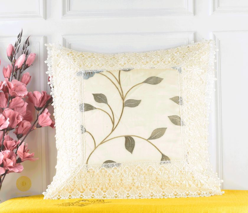 Set of two silk lace cushion covers by TheGharnish, elegant decorative cushions with intricate lace detailing.