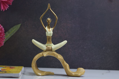 Ceramic figurine of a yoga practicing lady sitting on a banana leaf, crafted by TheGharnish, detailed and artistic decorative piece.