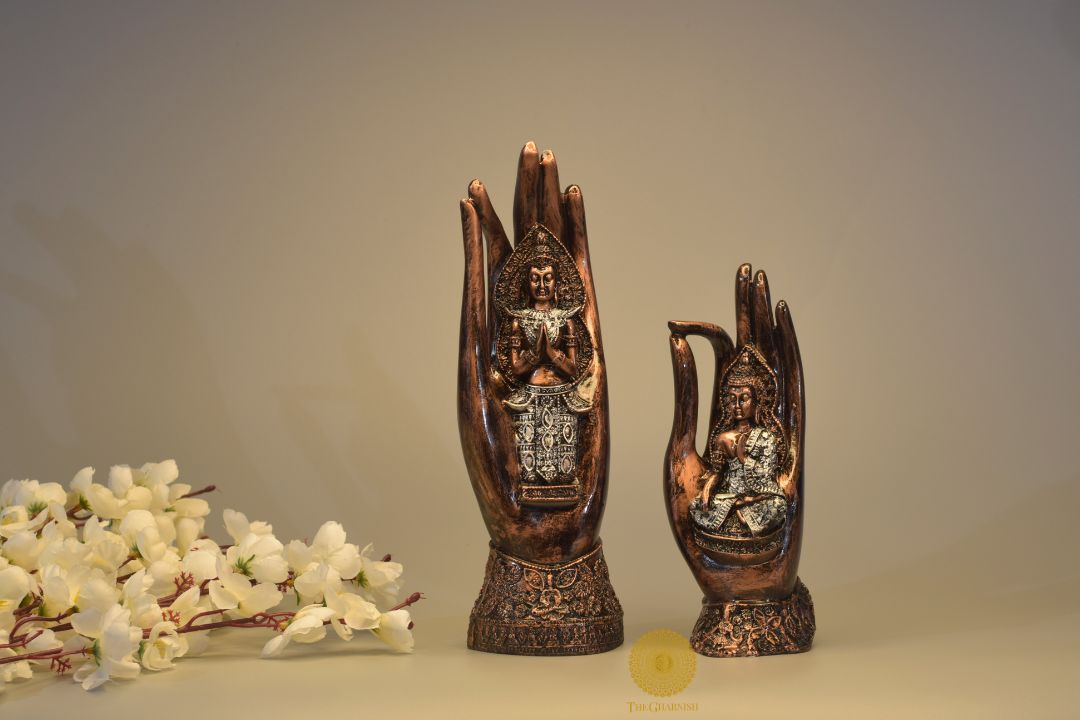 Set of two meditating Palm Buddha figurines by TheGharnish, showcasing peaceful poses and serene craftsmanship.