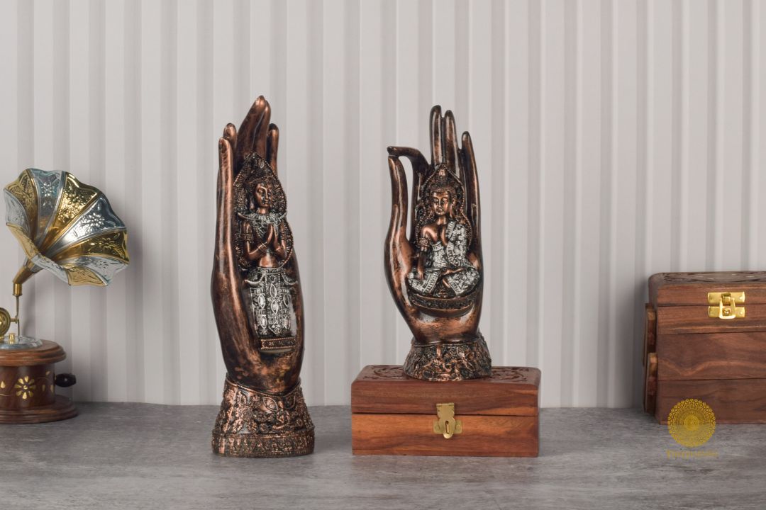 Set of two meditating Palm Buddha figurines by TheGharnish, featuring serene Buddha statues in a calming meditation pose.