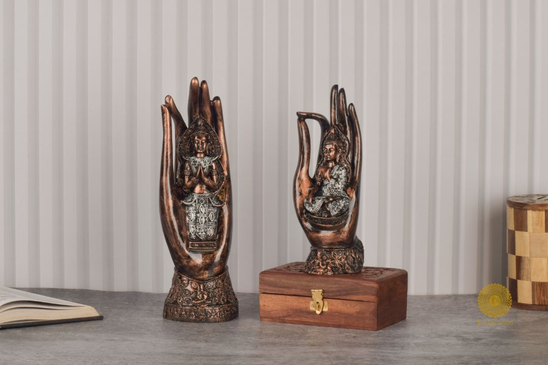 Set of two meditating Palm Buddha figurines by TheGharnish, detailed stone-like texture, peaceful pose, ideal for meditation decor