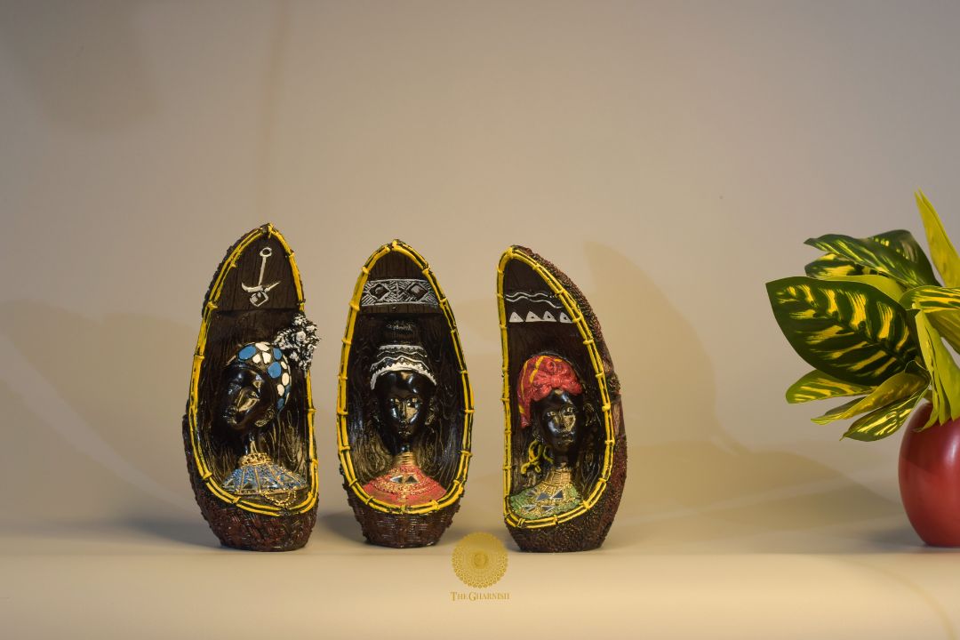 Set of 3 African face figurine accents by TheGharnish, decorative table ornaments with detailed facial features.