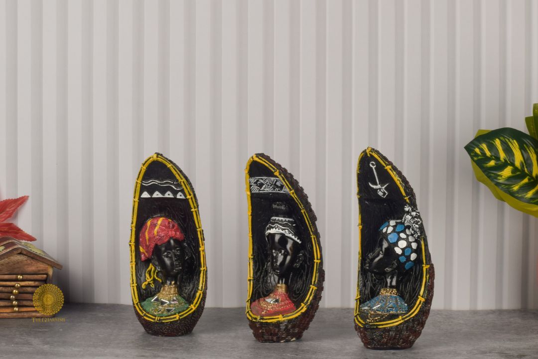 Set of 3 African face figurines by TheGharnish, decorative table accents with bold, artistic facial features and traditional design.