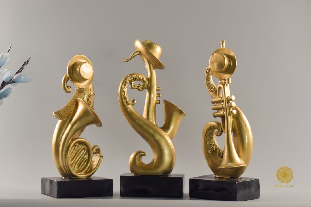 Set of three trumpet musical instrument figurines by TheGharnish, detailed decorative collectibles for music enthusiasts.