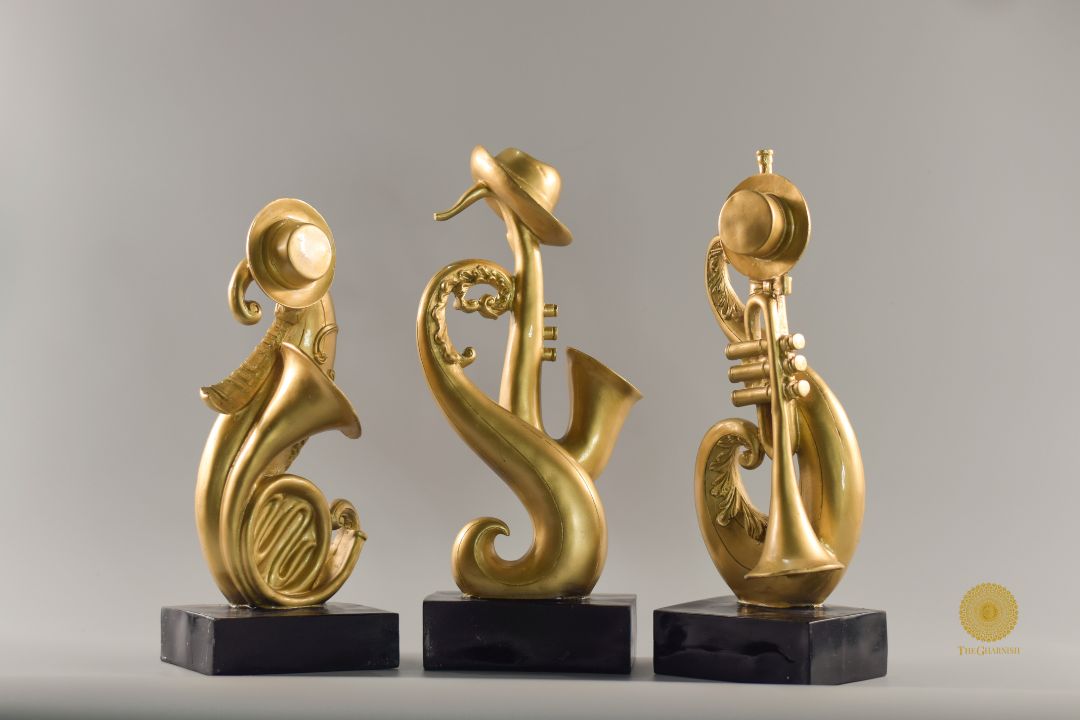 Set of three trumpet musical instrument figurines by TheGharnish, detailed miniatures for decorative display.
