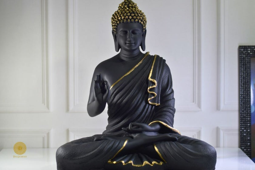 Black Buddha statue in Gyan Mudra pose, 13x15 inches, decorative gods figurine by TheGharnish, showcasing serene spiritual expression.