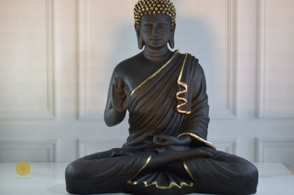 Black Buddha statue in Gyan Mudra pose, 13x15 inches, a detailed gods figurine by TheGharnish, ideal for spiritual decor.
