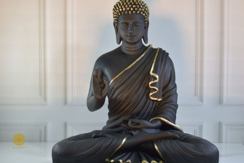 Black Buddha statue in Gyan Mudra pose, 13x15 inches, a gods figurine by TheGharnish, with serene expression and detailed craftsmanship.