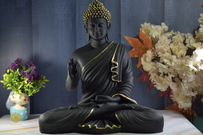 Black Buddha statue in Gyan Mudra pose, 13x15 inches, decorative Gods figurine by TheGharnish for spiritual decor.