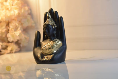Palm Buddha polyresin showpiece, decorative gods figurine featuring a serene Buddha figure with intricate details.