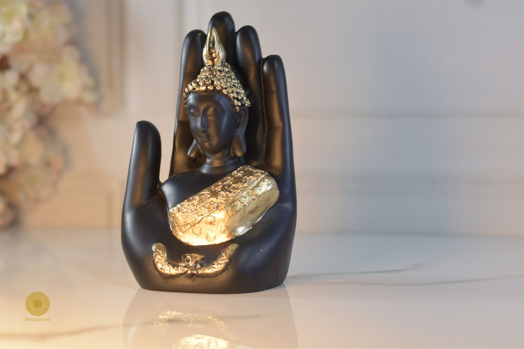 Palm Buddha polyresin Gods figurine by TheGharnish, detailed showpiece with serene Buddha design in natural pose.